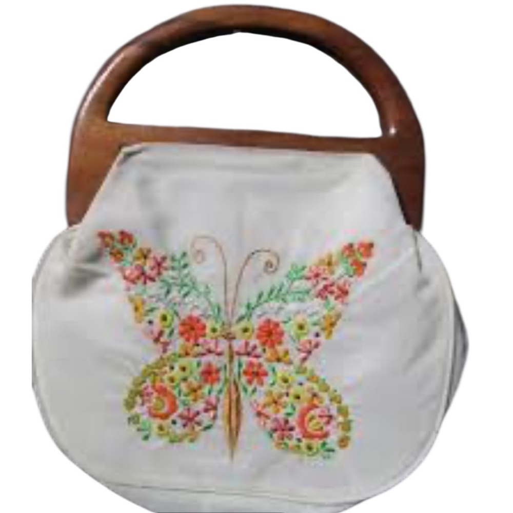 VTG Michael's Imports Embroidered Butterfly Handbag Wooden Handle.